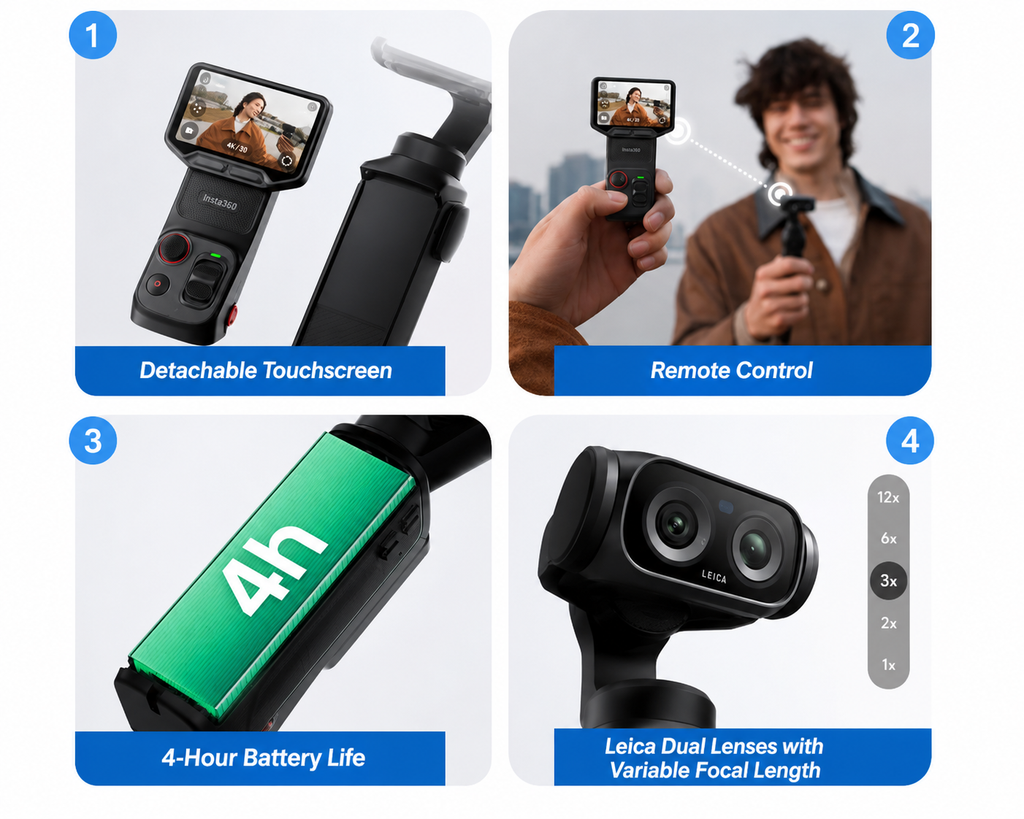 Insta360 Luna Ultra - 8K Vlogging Camera with Dual Leica Lenses, 12× Zoom, 1" Sensor, Detachable 2" Touchscreen,