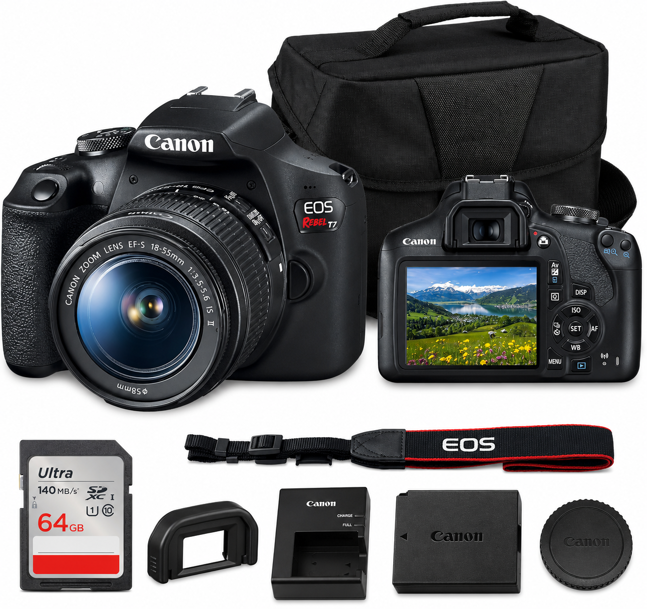 Canon EOS Rebel T7 DSLR Camera EF-S 18-55mm f/3.5-5.6 is II Lens Kit, 24.1 Megapixel CMOS (APS-C) Sensor, Full HD Videos.