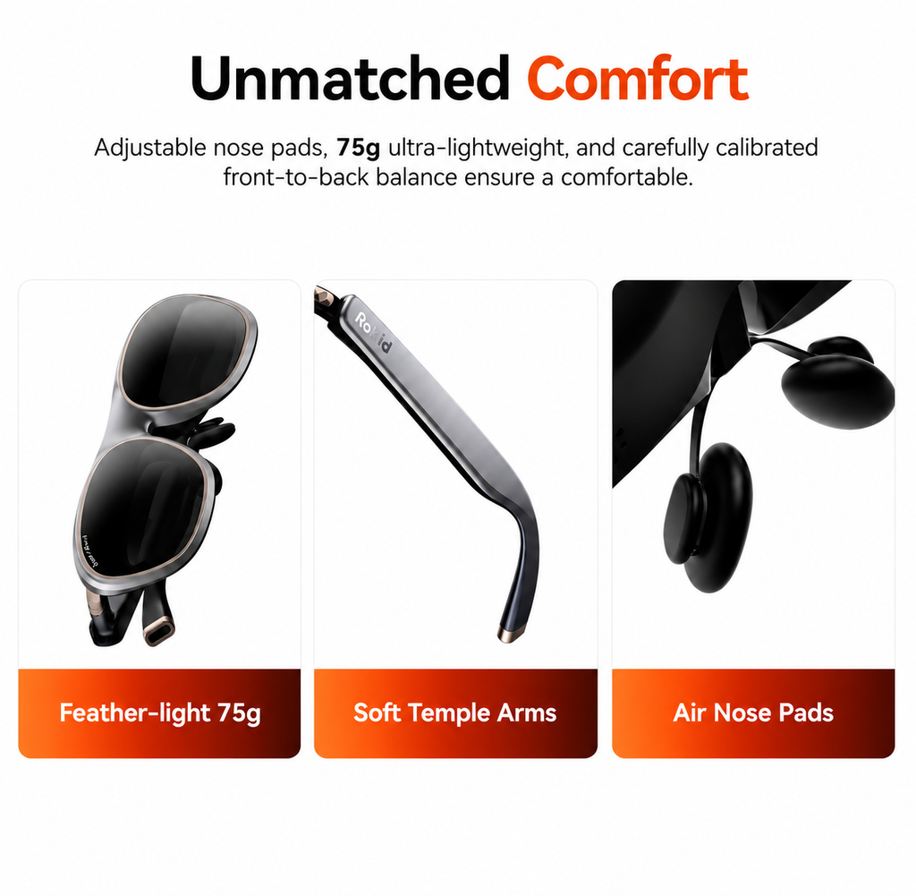 Rokid AR Max 2 Glasses (No 3DoF), AR Spatial, 300" 120Hz Ultra-HD Steam Deck, ROG, Mac, PC, Android & iOS Wearable
